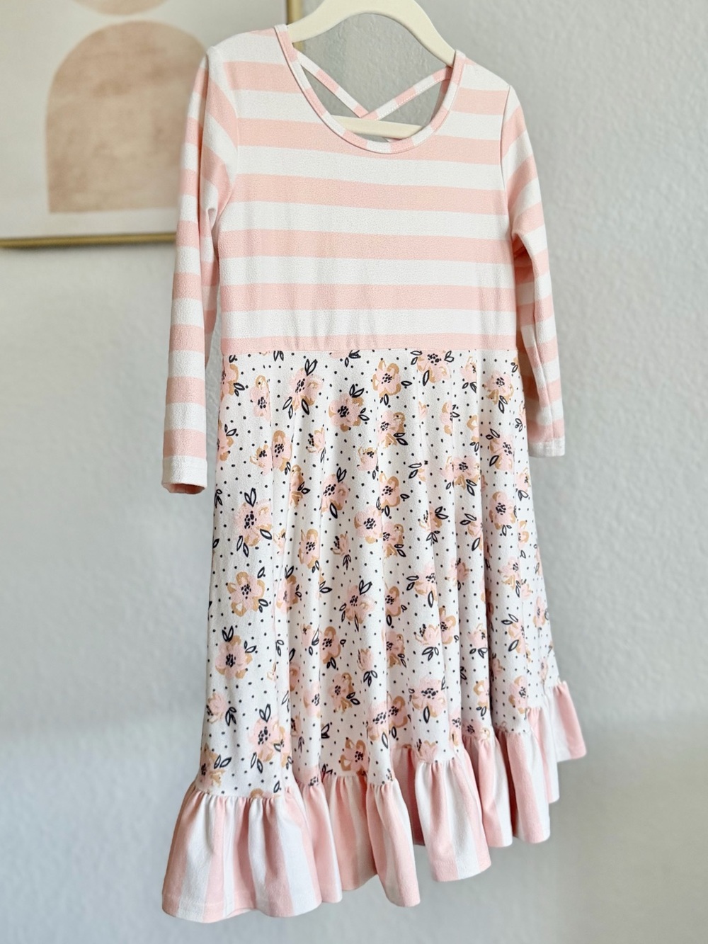 Girls' Pink Striped & Floral Ruffle Dress with Criss-Cross Back